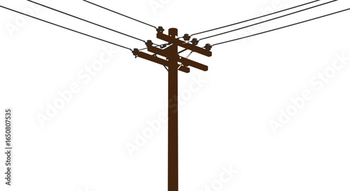 Wooden utility pole with high voltage power lines, electricity transmission, energy distribution network, electrical grid system, urban and rural infrastructure illustration