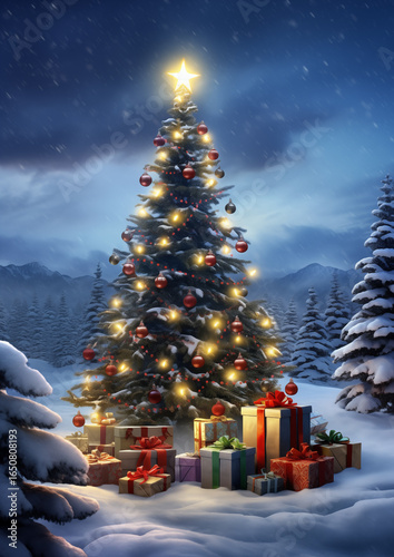 Sparkling Christmas tree decorated with golden lights and red ornaments in snowy forest, cozy festive holiday atmosphere.