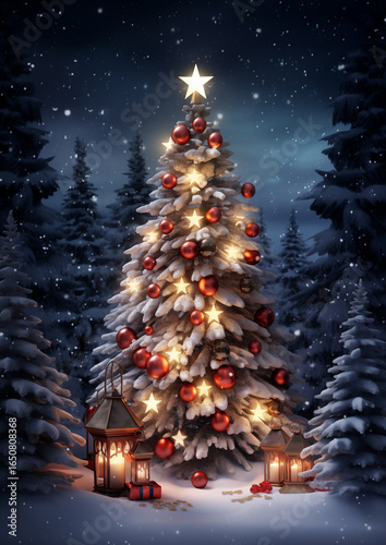 Sparkling Christmas tree decorated with golden lights and red ornaments in snowy forest, cozy festive holiday atmosphere.