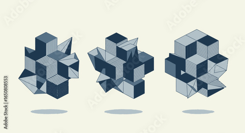 Vector art of threedimensional geometric cubes arranged in abstract patterns on a light background