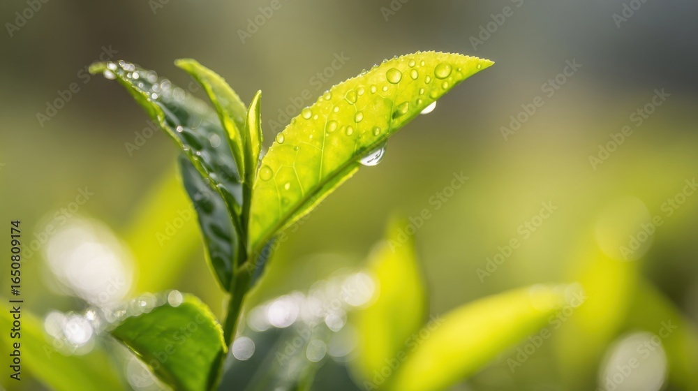 Obraz premium Fresh green leaves glisten with water droplets, showcasing nature's beauty and vibrant foliage in a close-up view.