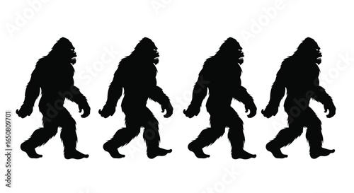 Vector art of four bigfoot silhouettes walking in a row isolated on white background