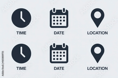 Time, date, and location symbols for scheduling, planning, and mapping concepts in modern design