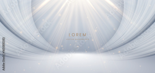 Modern white curved rays on grey background and gold lighting effect sparkle.