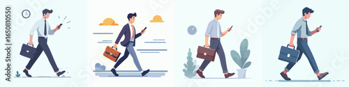 Flat Style Illustration Businessman Walking with Briefcase and Using Smartphone Set