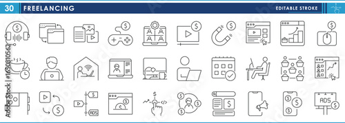 A set of line icons related to Freelancing. Freelance, work, home, earn, passive income, laptop, marketing, and so on. Vector editable stroke.