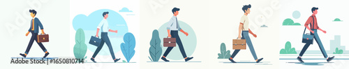 Minimalist Flat Illustration of Businessman Walking with Briefcase Character Set