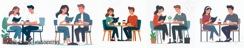Flat Illustration People Enjoying Time at Cafe Dining Table Character
