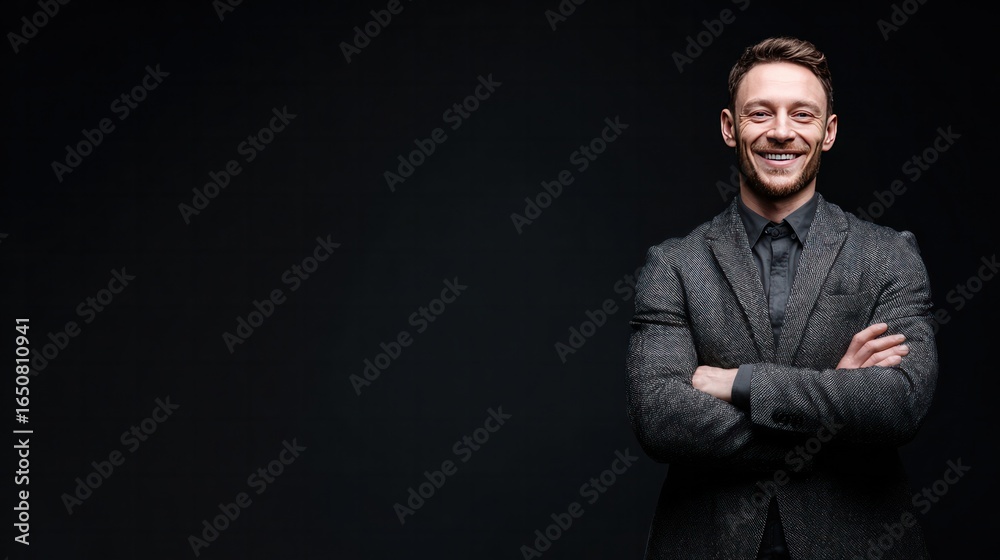 Obraz premium Smiling Business Professional: A confident business professional stands, arms crossed, smiling against a dark backdrop, embodying success and approachable confidence