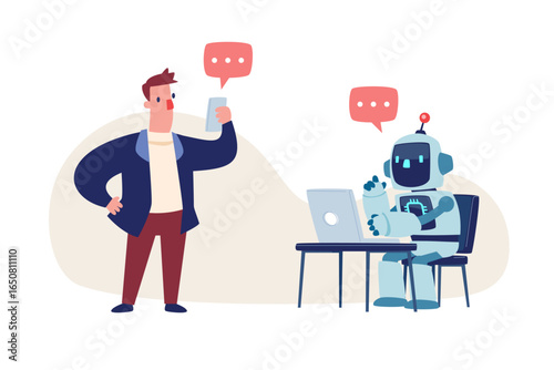 businessman use smartphone to controll robot working for him
