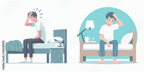 Flat Illustration Young Man Sitting on Bed with Headache Concept