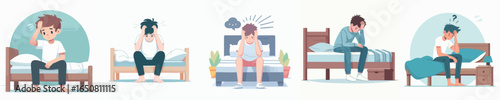 Flat Illustration Depressed Man Sitting on Bed with Headache and Insomnia