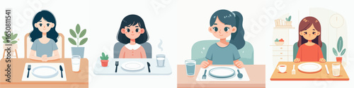 Colorful Flat Illustration of Young Woman Before Meal Time Illustration