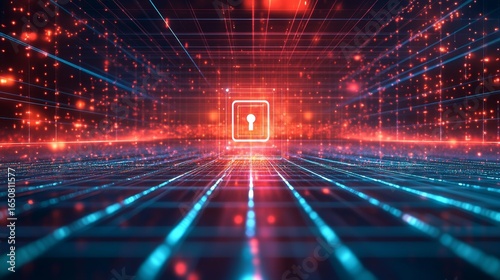 Unlocking the future a futuristic lock icon on a digital grid cybersecurity concept virtual environment aerial view