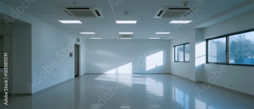 Empty Office Space with Large Windows and Fluorescent Lighting