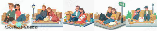 Cartoon Illustration Couple Experiencing Homelessness and Social Challenges with Baby Family Issues