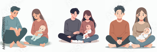 Minimalist Flat Style Young Family with Baby Illustration in Various Moods