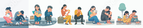 Flat Illustration of Sad or Depressed People Sitting on Bench