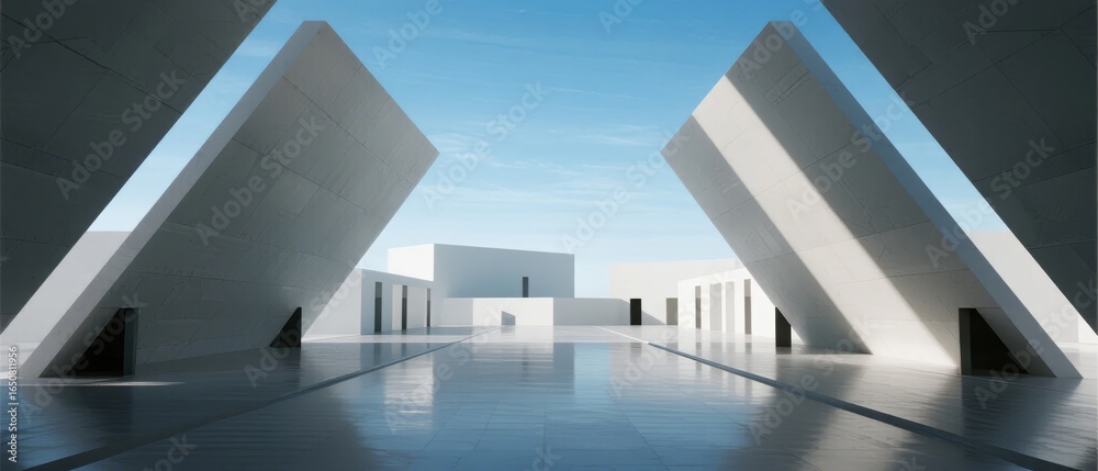 Obraz premium Modern Architectural Space with Geometric Structures and Reflective Floor