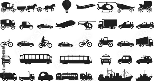 Black silhouette icons of various transportation modes including carriages, bicycles, cars, trucks, buses, airplanes, helicopters, trains, and ships