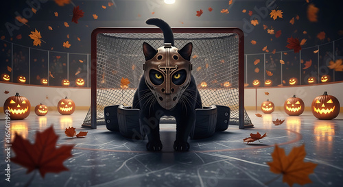 Halloween cat sits in hockey net surrounded by pumpkins and falling leaves