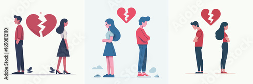Minimalist Flat Style Couple Separated with Broken Heart Shape Illustration