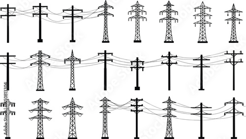 Black silhouette vector set of different electric power poles and high voltage transmission towers with hanging cables isolated on white