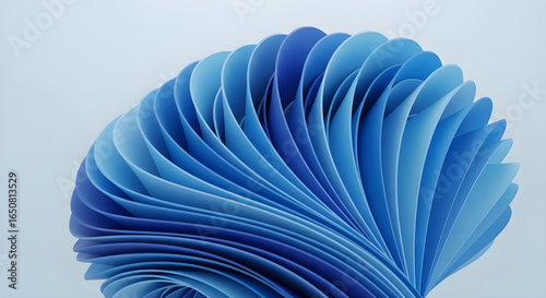 Fototapeta Naklejka Na Ścianę i Meble -  Abstract, spiraling arrangement of layered, blue-toned paper-like forms, radiating from a central point, soft light, smooth surfaces, creating a calming, ethereal ambiance.
