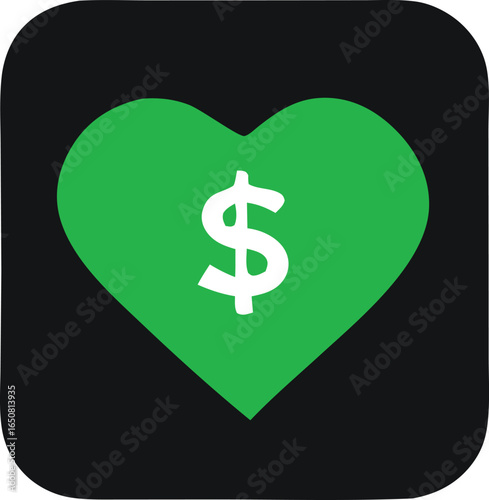 Green heart with dollar sign symbolizing financial love and support for charitable causes and donations