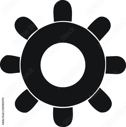 A striking black and white graphic depicts a circular symbol with eight rounded spokes radiating outwards from a central white circle