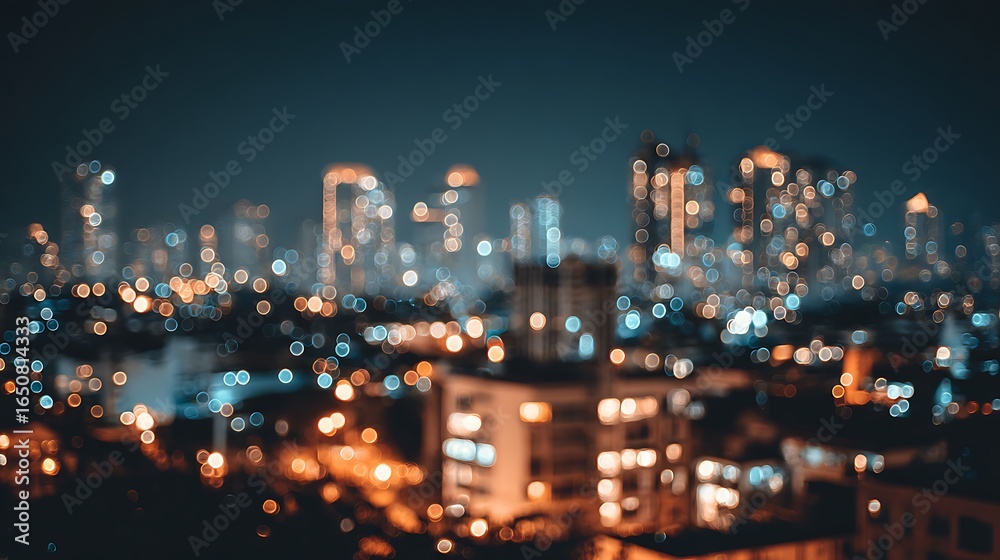 Fototapeta premium Blurred City Skyline Lights at Night Creates Abstract Urban Backdrop