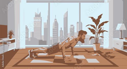 Urban fitness concept illustrating a man's morning workout routine with push-ups in a modern apartment overlooking the city skyline