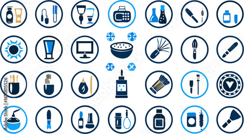 Illustration of various beauty and cosmetic products icons in blue and white circular designs silhouette