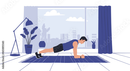 Dedicated man performing a plank exercise on a yoga mat in his modern apartment, focusing on core strength during a home workout session