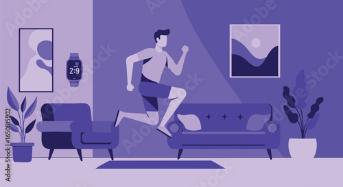 Vector illustration of a man engaged in an indoor cardio workout, jogging in place within a modern living room setting