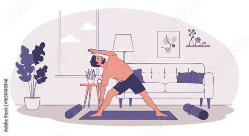 Man practicing yoga triangle pose in a cozy living room interior. Home fitness and wellness lifestyle concept vector illustration