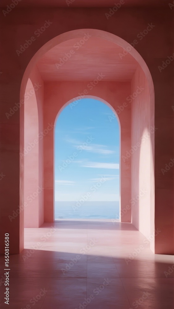 Fototapeta premium Pink Arched Doorway Framing a Serene Sky and Horizon