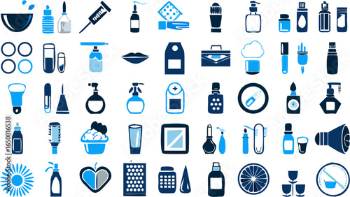 Collection of various blue and white cosmetic and medical icons in a patterned arrangement style design silhouette