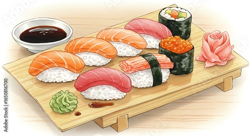 Watercolor Illustration: Elegant Sushi Platter with Salmon, Tuna, and Crab, Soy Sauce, Wasabi, and Pickled Ginger.