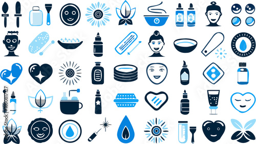 Collection of beauty and skincare icons featuring various products and facial expressions in blue and black silhouette