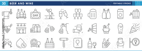 A set of line icons related to Beer and Wine. Wine, beer, drinks, bar, barrel, distillery, party, hangover, and so on. Vector editable stroke.
