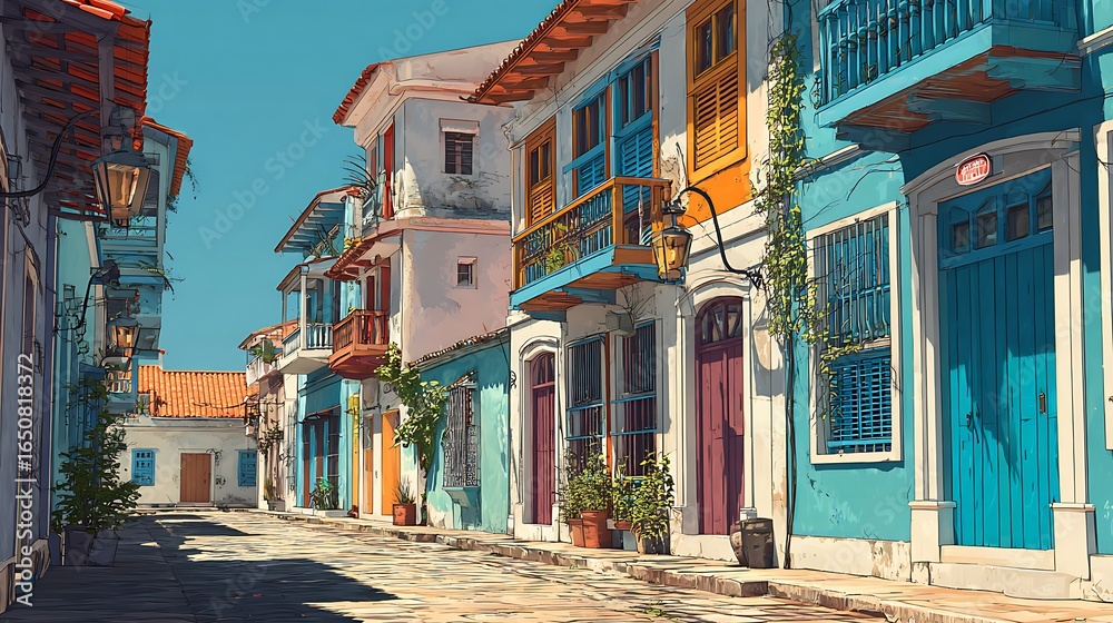 Fototapeta premium A colorful street scene with buildings in various shades of blue orange and white on a sunny day outdoors