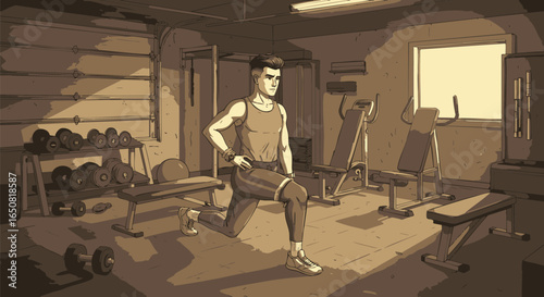 Monochromatic illustration of a fit man exercising with weights in a garage gym for a healthy lifestyle