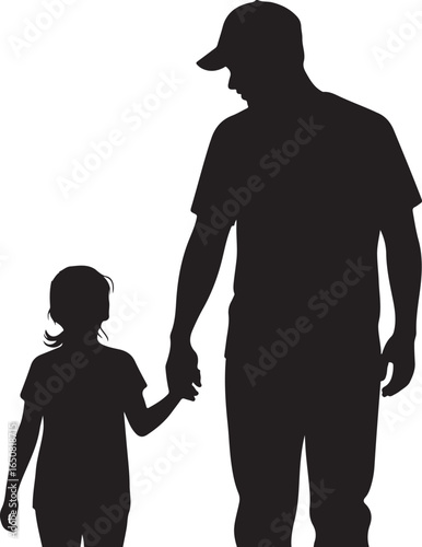 Silhouette of a father in a baseball cap holding his young daughter's hand