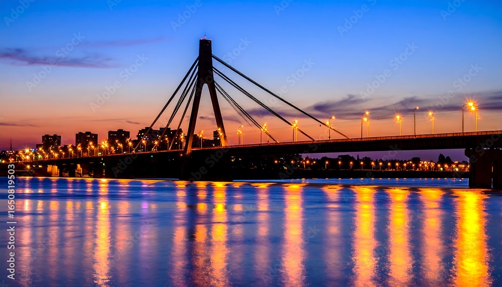 Fototapeta premium Cityscape at Sunset with Cable-Stayed Bridge over River.
