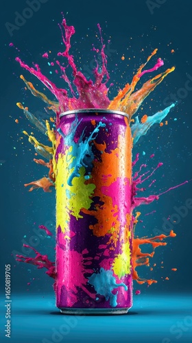 Colorful splashes erupting from a beverage can