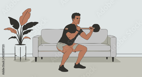 Vector illustration of a fit man doing a barbell front squat exercise in his living room, representing a home workout and fitness lifestyle