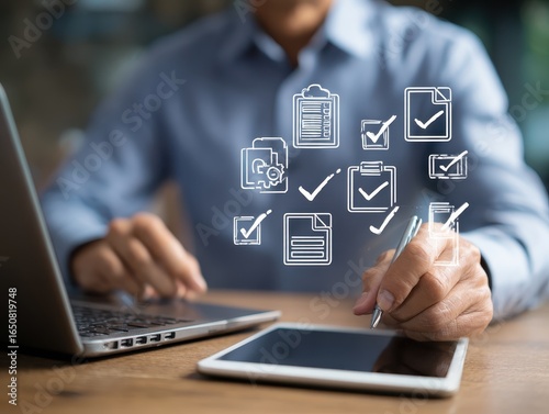 Digital business performance monitoring survey filling with tablet and laptop, Businessman enhancing business performance with comprehensive online survey checklist, Technology in education learning.