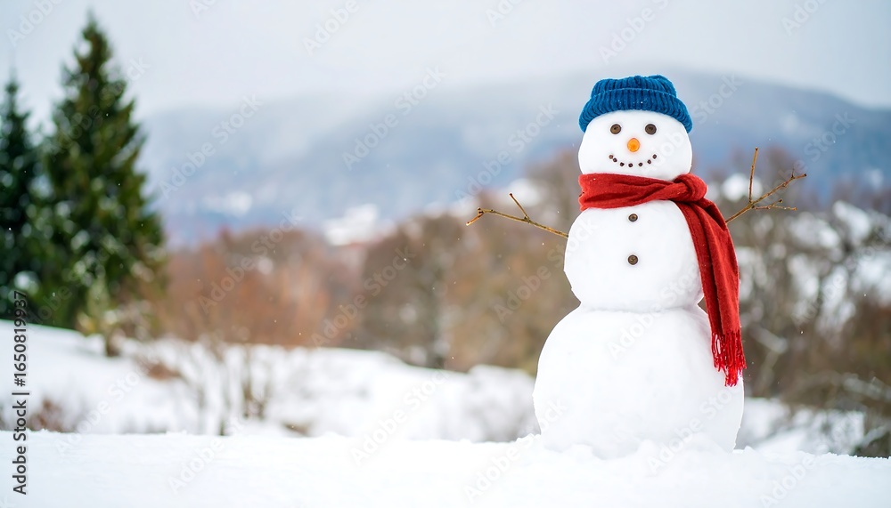 Obraz premium Snowman stands in a snowy landscape.