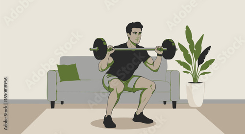 Athletic man performing a barbell front squat during a home workout session in his living room, vector illustration